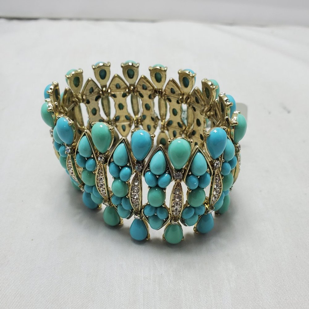 Neiman Marcus turquoise beaded with  rhinestones gold stretch bracelet 2" - Picture 4 of 8